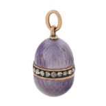 A RUSSIAN GOLD-MOUNTED SILVER, DIAMOND AND ENAMEL EGG PENDANT, WORKMASTER AUGUST HOLLMING, ST. PETER