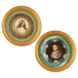 TWO CIRCULAR FRAMED NEO-CLASSICAL STYLE EASTERN EUROPEAN HAND-PAINTED PORTRAIT PLATES, 20TH CENTURY