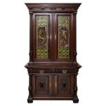 FRENCH RENAISSANCE-REVIVAL STAINED-OAK COLORED LEAD-GLASS AND BRONZE-INSET STEPBACK BOOK CASE CABINE