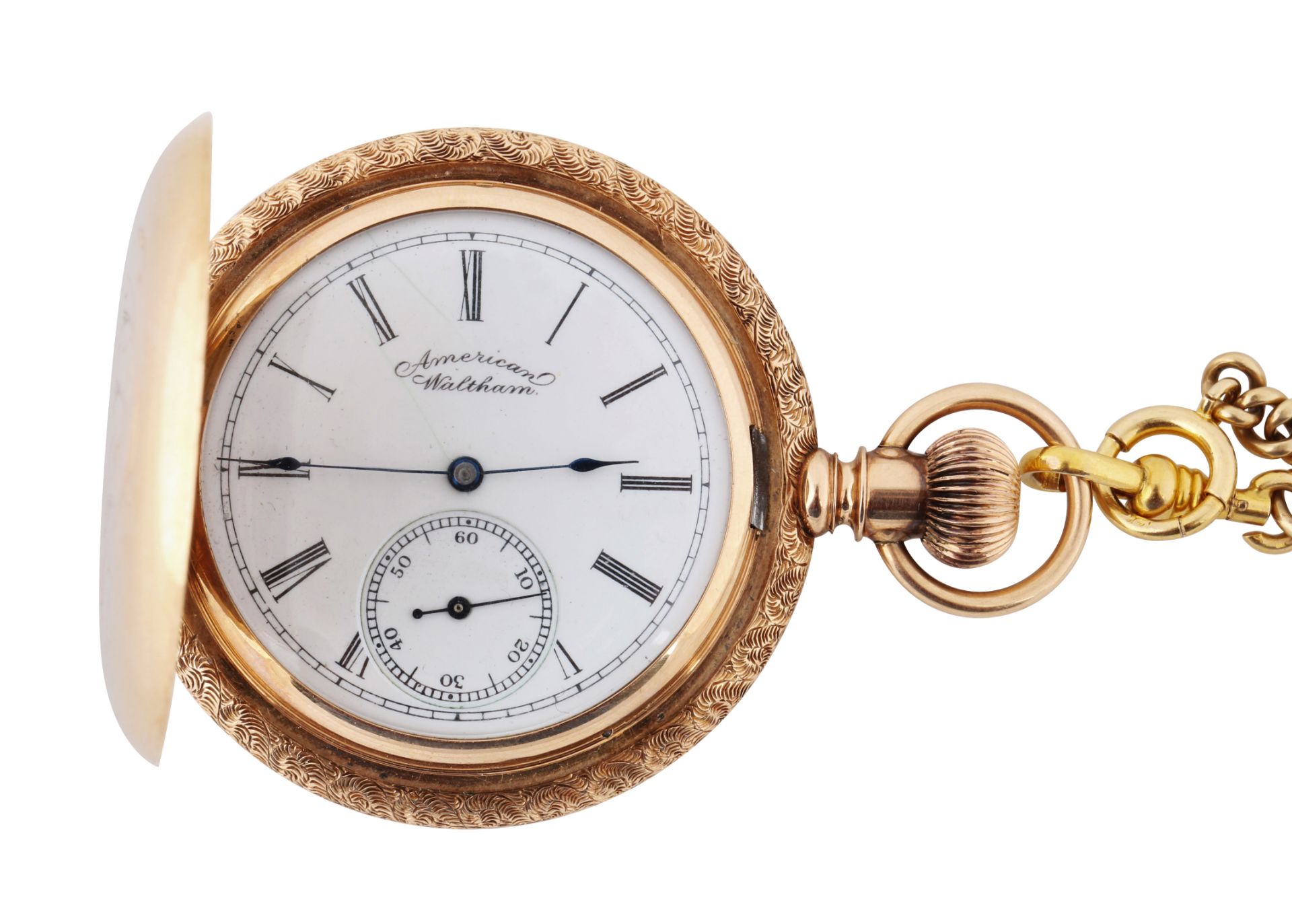 EROTIC AMERICAN WALTHAM 14K GOLD AND ENAMEL HUNTER CASE POCKET WATCH AND CHAIN, MOVEMENT NO. 5'506'7 - Image 4 of 7