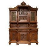 GERMAN RENAISSANCE-REVIVAL OVERSIZED CARVED-WALNUT COURT CUPBOARD