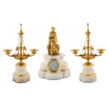 AN ORMOLU-MOUNTED WHITE MARBLE MANTLE CLOCK AND PAIR OF CANDLESTICK GARNITURES, CIRCA 1870