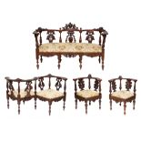 ITALIAN RENAISSANCE-REVIVAL FIVE PIECE WALNUT-CARVED PARLOR SUITE, MID-19TH CENTURY