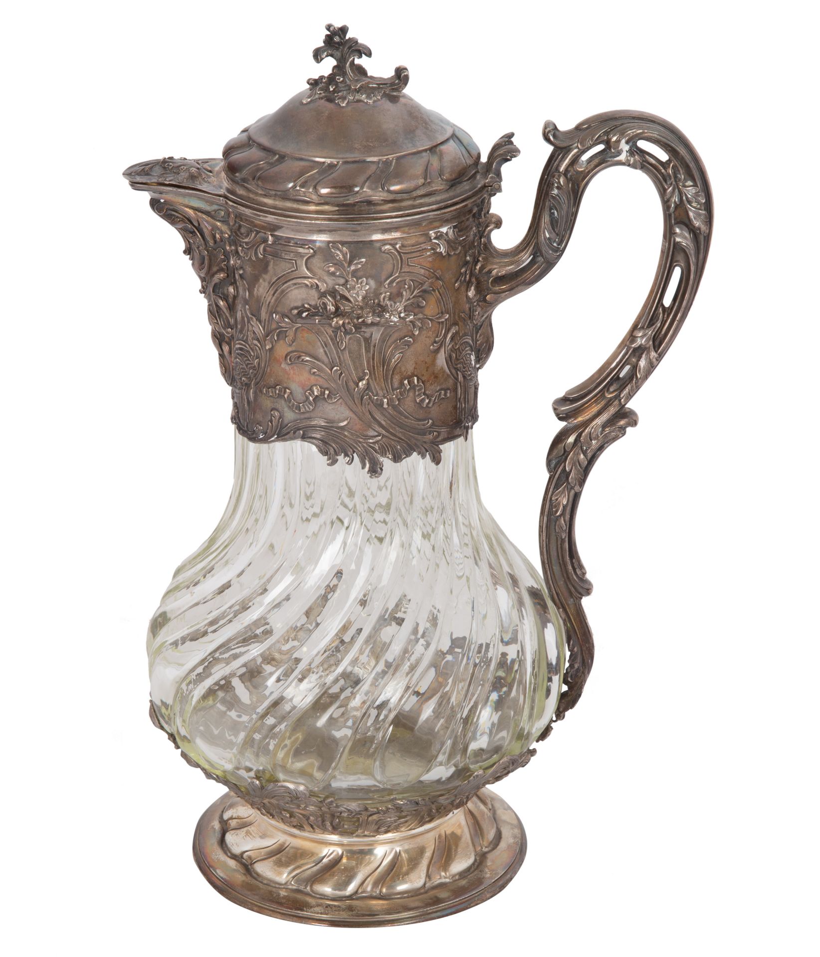 A FRENCH SILVER-MOUNTED CRYSTAL CLARET JUG, WOKRMASTER EDMOND TETARD, 1880-1903