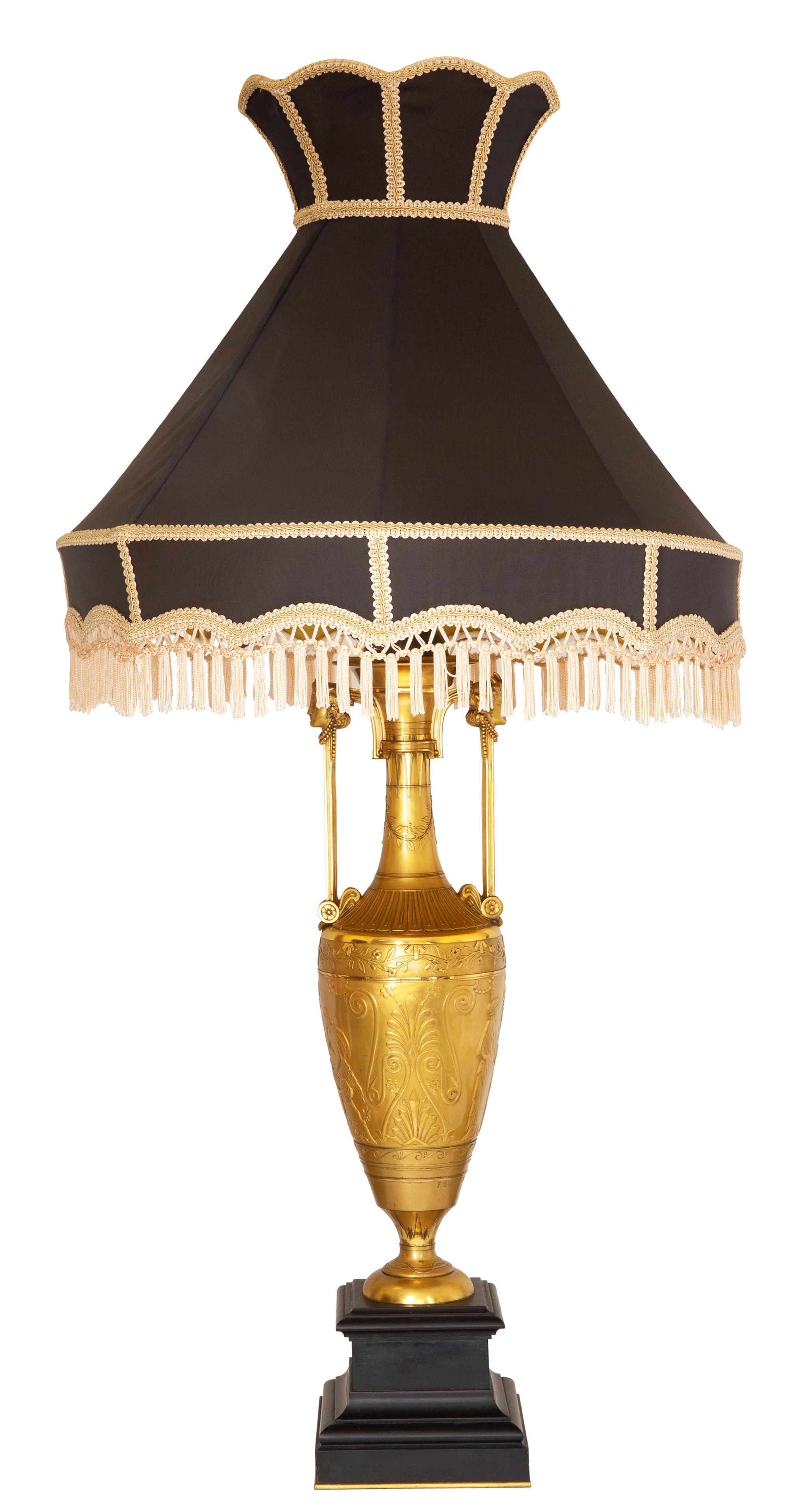 EGYPTIAN-REVIVAL GILT-BRONZE LAMP WITH BLACK SILK SHADE, 19TH CENTURY