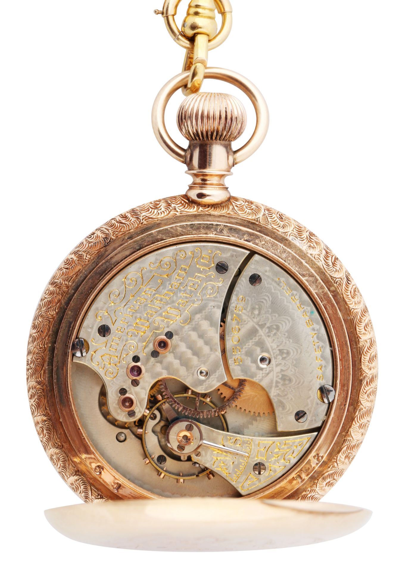 EROTIC AMERICAN WALTHAM 14K GOLD AND ENAMEL HUNTER CASE POCKET WATCH AND CHAIN, MOVEMENT NO. 5'506'7 - Image 7 of 7