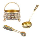 A RUSSIAN GILT AND ENAMEL SUGAR BOWL WITH STRAINER AND TONGS, WORKMASTER GUSTAV KLINGERT, MOSCOW, 18