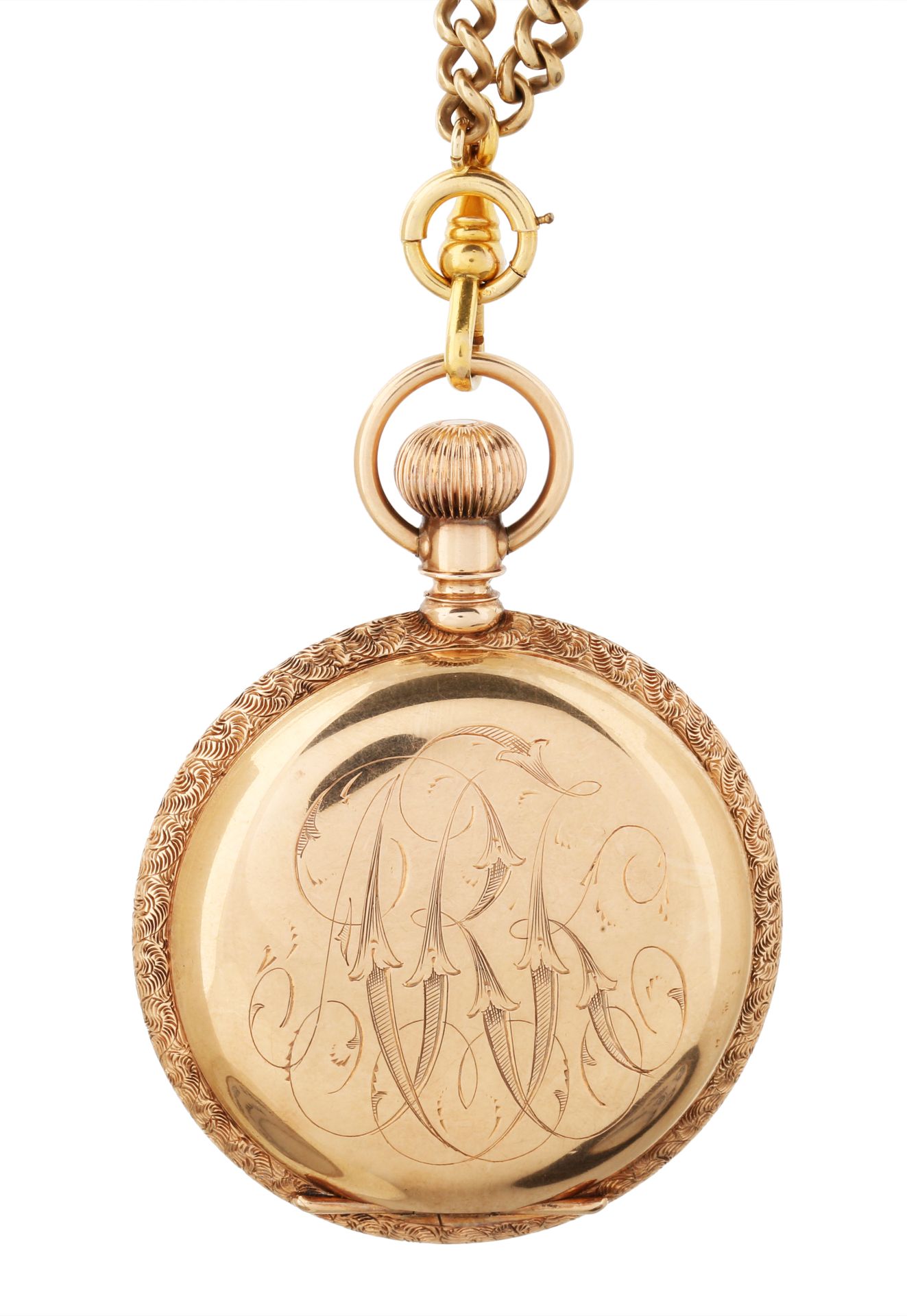 EROTIC AMERICAN WALTHAM 14K GOLD AND ENAMEL HUNTER CASE POCKET WATCH AND CHAIN, MOVEMENT NO. 5'506'7 - Image 3 of 7