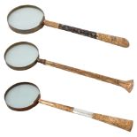 A SET OF THREE VICTORIAN BRASS MAGNIFYING GLASSES, LATE 19TH CENTURY