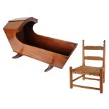 AMERICAN HOODED MAHOGANY ROCKING CRADLE AND A WOODEN AMERICAN FOLK CHILDREN'S CHAIR, 19TH CENTURY