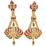 18KT GOLD, EMERALD, RUBY, SAPPHIRE AND PEARL EARRINGS