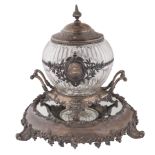 A SILVER-MOUNTED COVERED CRYSTAL BOWL ON MIRROR STAND, LATE 19TH CENTURY