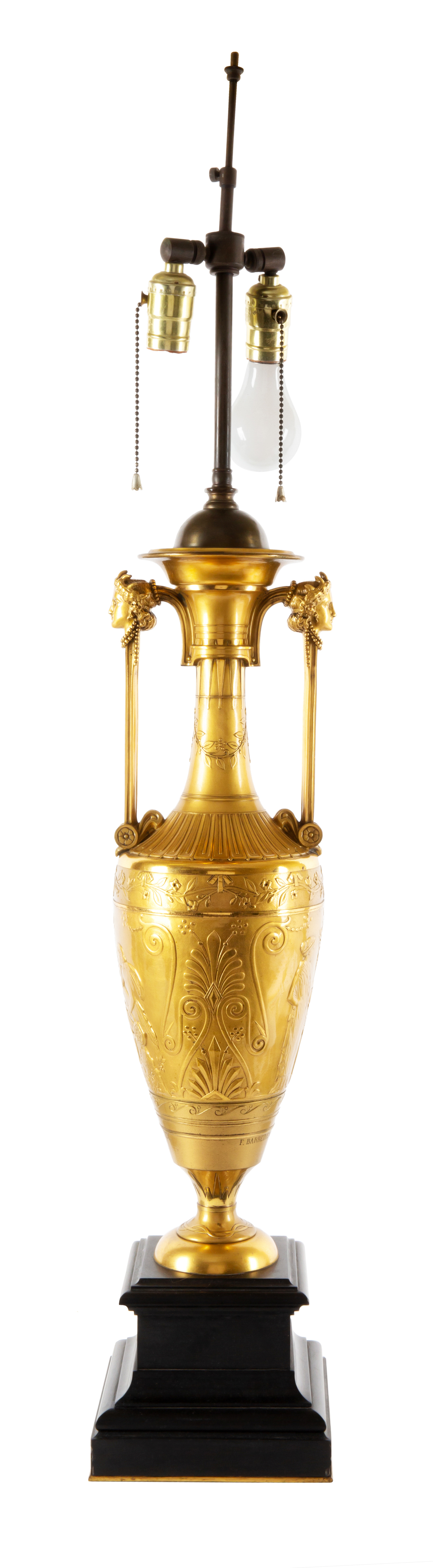 EGYPTIAN-REVIVAL GILT-BRONZE LAMP WITH BLACK SILK SHADE, 19TH CENTURY - Image 2 of 2