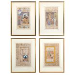 A SET OF FOUR MUGHAL ILLUMINATED MANUSCRIPT FOLIOS SHOWING COURT SCENES BY HAIDAR KASHMIRI, CIRCA 16