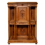 FRENCH RENAISSANCE-REVIVAL CARVED WALNUT MARBLE-INSET-RESERVE DISPLAY WALL CABINET, 19TH CENTURY