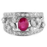 14K WHITE GOLD RUBY AND DIAMOND RING