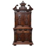 FRENCH STAINED-OAK RENAISSNACE-REVIVAL FIGURAL CARVED STEP-BACK WALL CABINET, LATE 18TH CENTURY