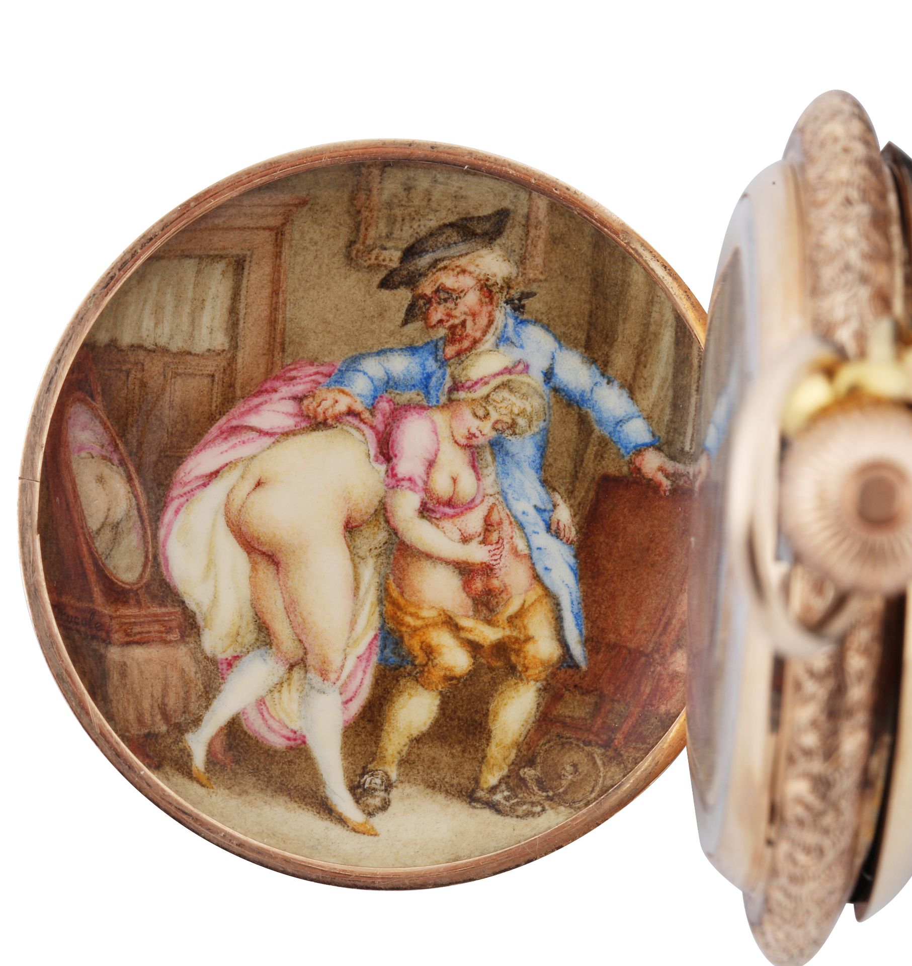 EROTIC AMERICAN WALTHAM 14K GOLD AND ENAMEL HUNTER CASE POCKET WATCH AND CHAIN, MOVEMENT NO. 5'506'7 - Image 2 of 7