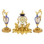 REGENCE-REVIVAL PORCELAIN AND GILT-BRONZE MANTEL CLOCK ON STAND WITH A PAIR OF NEOCLASSICAL REVIVAL