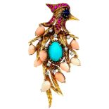 18KT GOLD RUBY, TURQUOISE, LAPIS LAZULI CORAL AND DIAMOND WOODPECKER BROOCH