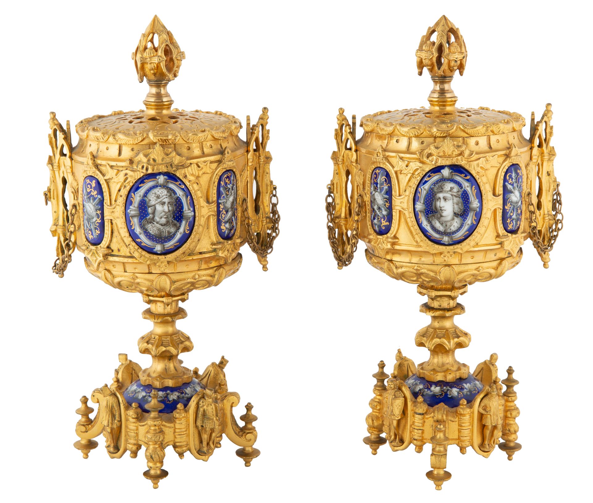 A PAIR OF FRENCH GILT BRONZE AND ENAMEL CENSERS, 19TH CENTURY