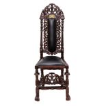 CARVED WOODEN HIGHBACK CHAIR WITH LEATHER