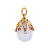 A DIAMOND, GOLD AND RUBY-MOUNTED CHALCEDONY EGG PENDANT, WORKMASTER MIKHAIL PERCHIN, ST. PETERSBURG,