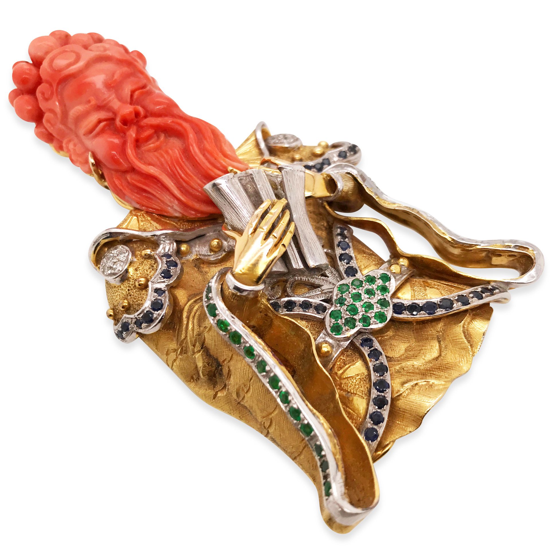 ASIAN GOD CORAL DIAMOND SAPPHIRE EMERALD GOLD BROOCH, CIRCA 1960S - Bild 3 aus 4