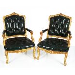 PAIR OF LOUIS XV STYLE CARVED GILT WOOD ARMCHAIRS