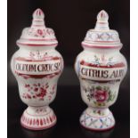 PAIR OF DELPH APOTHECARY JARS AND COVERS
