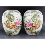 PAIR CHINESE QING PERIOD POLYCHROME URNS