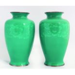 PAIR JAPANESE SILVER & GREEN ENAMELLED VASES