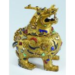 CHINESE QING GILT BRONZE & POLYCHROME CENSER