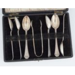 SIX SILVER TEA SPOONS AND TONGS
