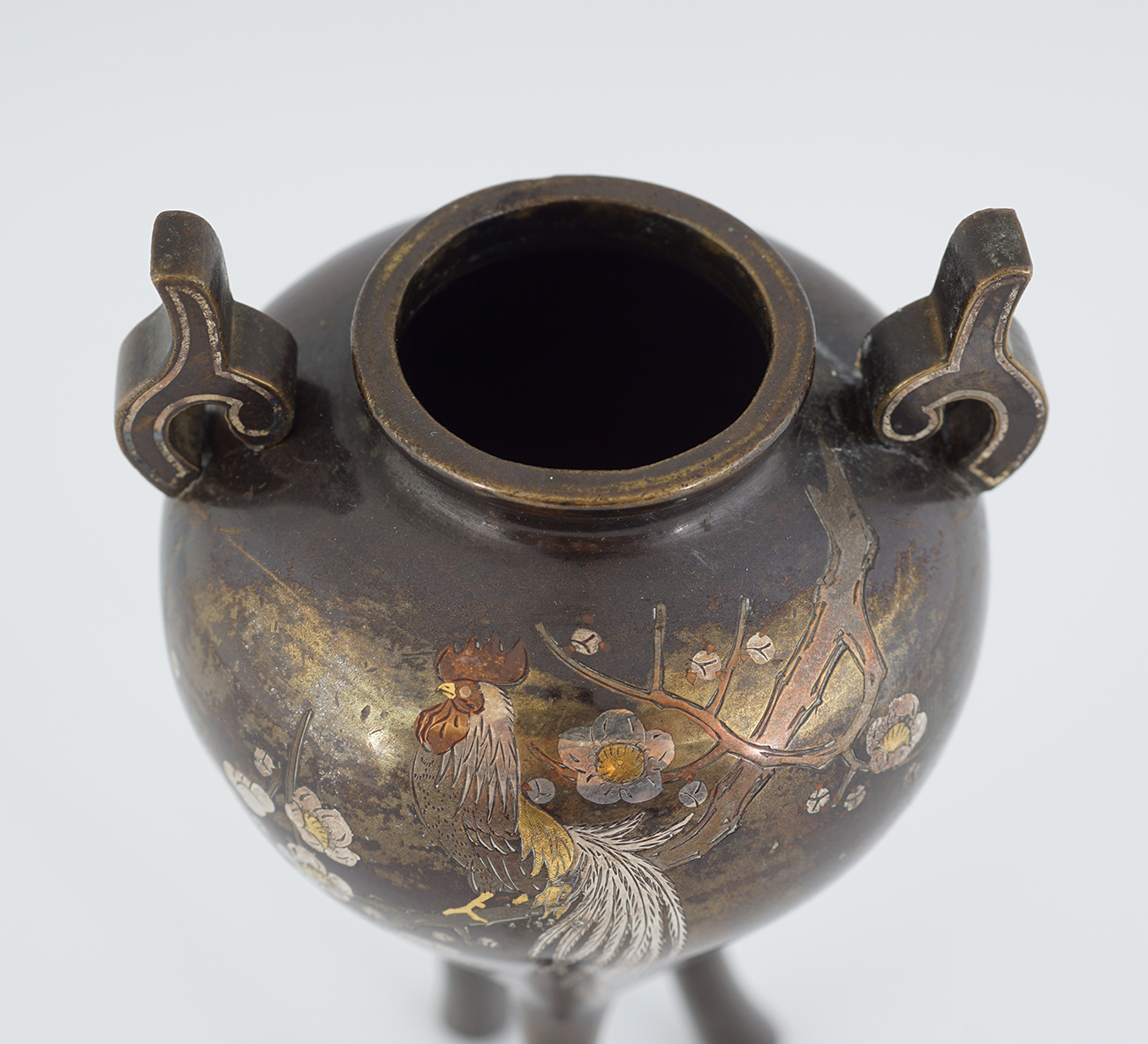 MEIJI PERIOD BRONZE, SILVER & GOLD INLAID CENSER - Image 5 of 7