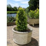 PAIR OF MOULDED STONE CIRCULAR PLANTERS