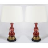 PAIR OF BRASS AND RUBY GLASS STEMMED TABLE LAMPS