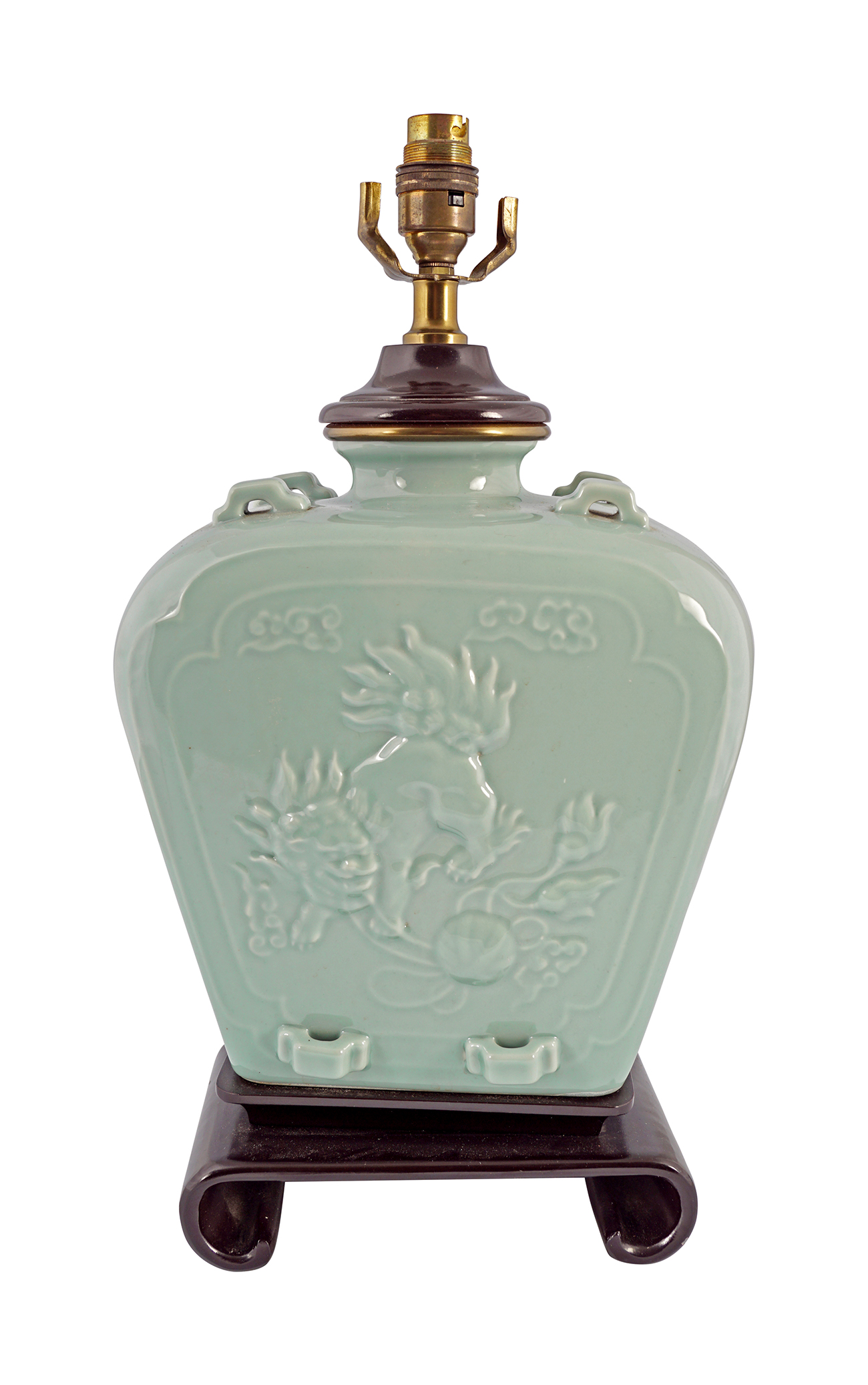 CHINESE CELADON ARCHAISTIC URN STEMMED LAMP