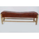 LARGE LEATHER BRASS BOUND UPHOLSTERED BENCH
