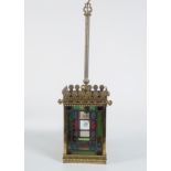 19TH-CENTURY BRASS AND LEADED GLASS HALL LANTERN