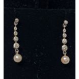 9CT WHITE GOLD PEARL AND DIAMOND DROP EARRINGS