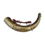 PERSIAN BRASS & SILVER INLAID POWDER HORN