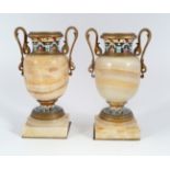PAIR OF CHAMPLEVE ENAMELLED AND ALABASTER URNS