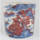 CHINESE BLUE AND RED UNDERGLAZE BRUSH POT