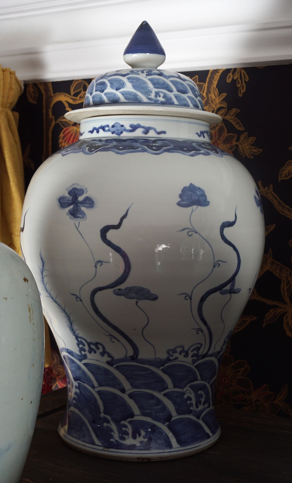 PAIR OF LARGE BLUE AND WHITE TEMPLE JARS