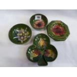 Moorcroft Arum Lily Clover Leaf pin dish, Hibiscus ashtray,