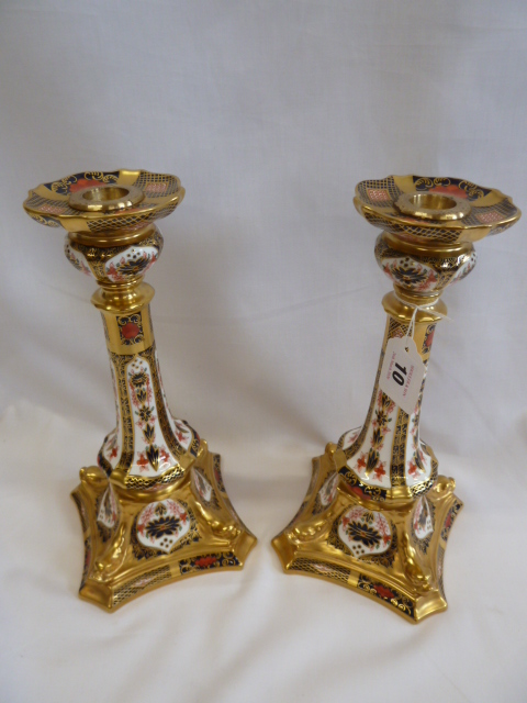 Pair Royal Crown Derby Imari 1128 candlesticks (27cm tall)