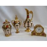 Royal Crown Derby Imari 1128 octagonal mantel clock, ewer,