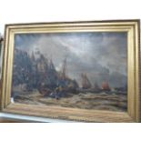 Large 19thC oil on canvas French Fishing Boats land in Rough Sea - Phillipe Bourbon (50" x 32")