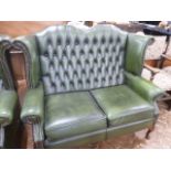 Green leather buttoned wing back 2 seater settee